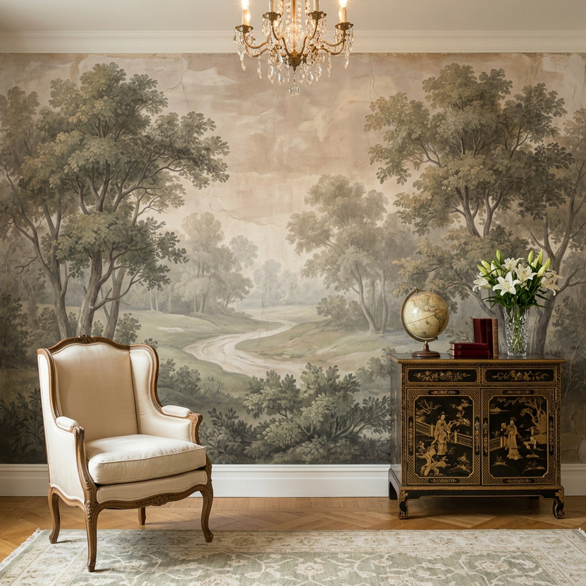 Vintage Orman Manzaralı Poster Duvar Kağıdı Bej Yeşil Salon – Hazır Ölçü Outlet
