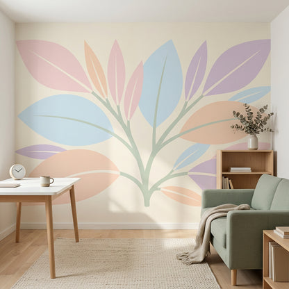 Pastel Yaprak Desenli Poster Duvar Kağıdı Modern Salon Dekoru