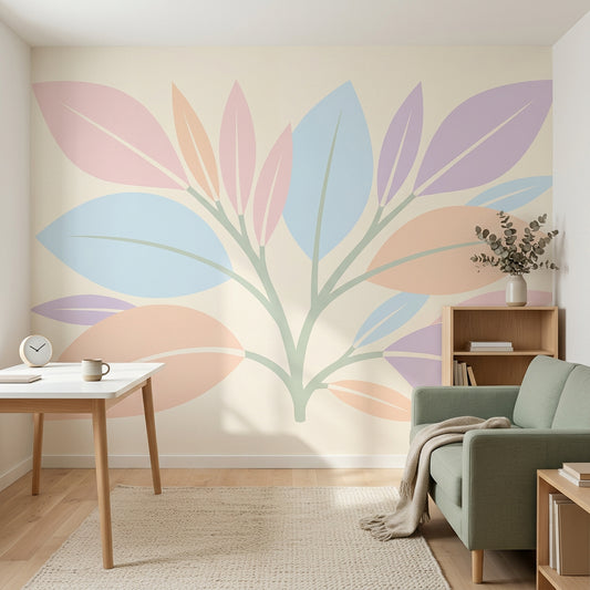 Pastel Yaprak Desenli Poster Duvar Kağıdı Modern Salon Dekoru