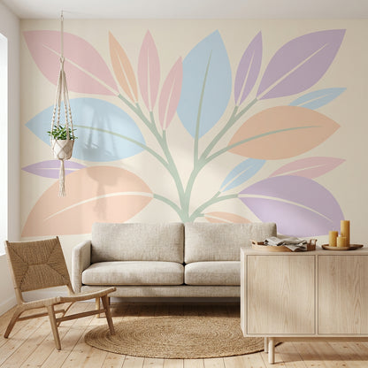 Pastel Yaprak Desenli Poster Duvar Kağıdı Modern Salon Dekoru