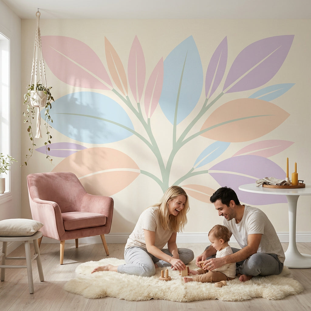 Pastel Yaprak Desenli Poster Duvar Kağıdı Modern Salon Dekoru