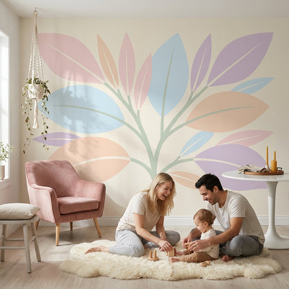 Pastel Yaprak Desenli Poster Duvar Kağıdı Modern Salon Dekoru