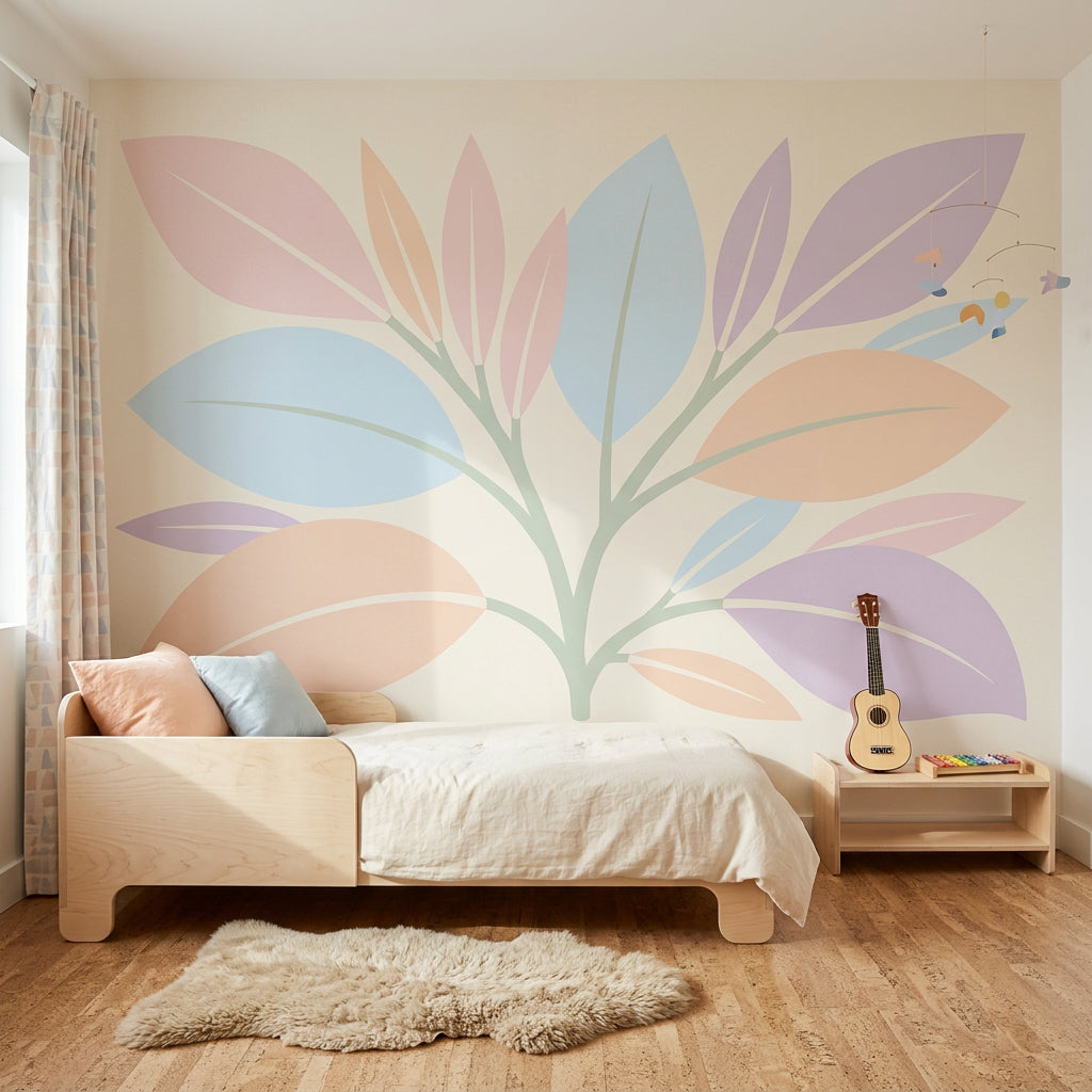 Pastel Yaprak Desenli Poster Duvar Kağıdı Modern Salon Dekoru