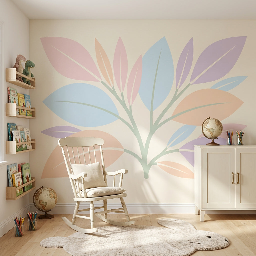 Pastel Yaprak Desenli Poster Duvar Kağıdı Modern Salon Dekoru
