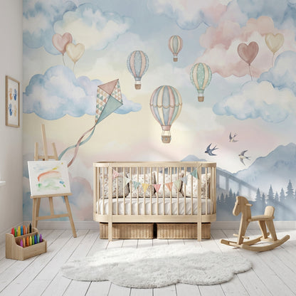 Balon ve Bulutlu Poster Duvar Kağıdı Pastel Çocuk Odası
