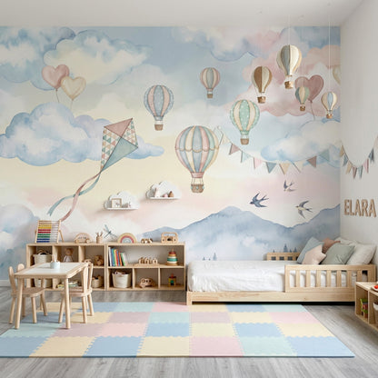 Balon ve Bulutlu Poster Duvar Kağıdı Pastel Çocuk Odası