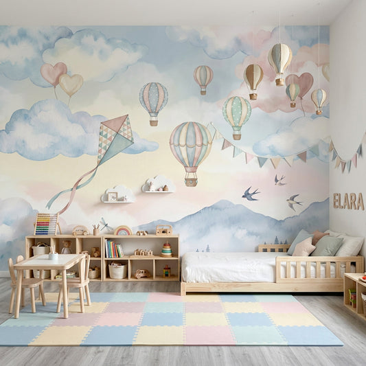 Balon ve Bulutlu Poster Duvar Kağıdı Pastel Çocuk Odası