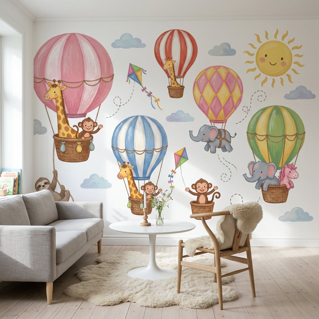 Balonlarda Hayvanlı Poster Duvar Kağıdı Pastel Çocuk Odası