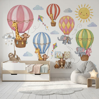 Balonlarda Hayvanlı Poster Duvar Kağıdı Pastel Çocuk Odası