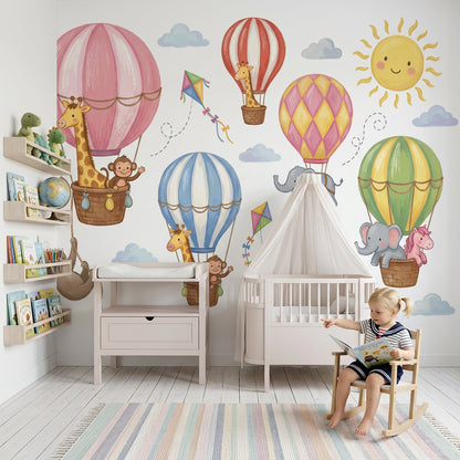 Balonlarda Hayvanlı Poster Duvar Kağıdı Pastel Çocuk Odası
