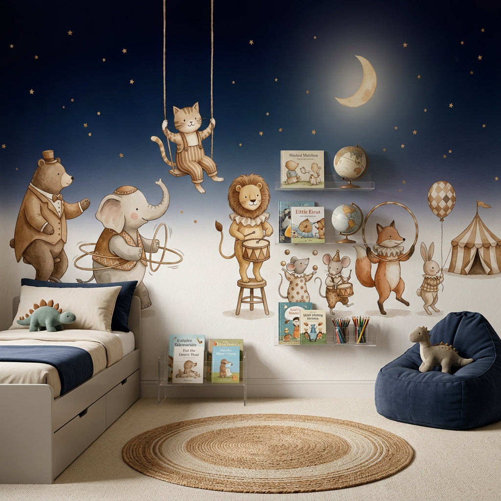 Sirk Hayvanları Poster Duvar Kağıdı Lacivert Gece Çocuk Odası