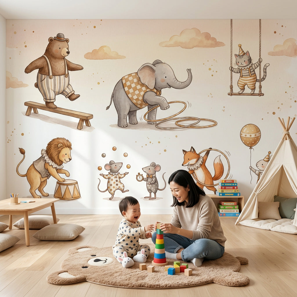 Sirk Hayvanları Poster Duvar Kağıdı Pastel Çocuk Odası