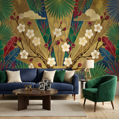 Art Deco Çiçekli Poster Duvar Kağıdı Yeşil Altın Salon