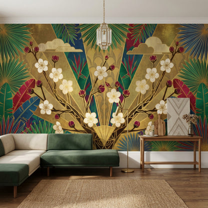 Art Deco Çiçekli Poster Duvar Kağıdı Yeşil Altın Salon