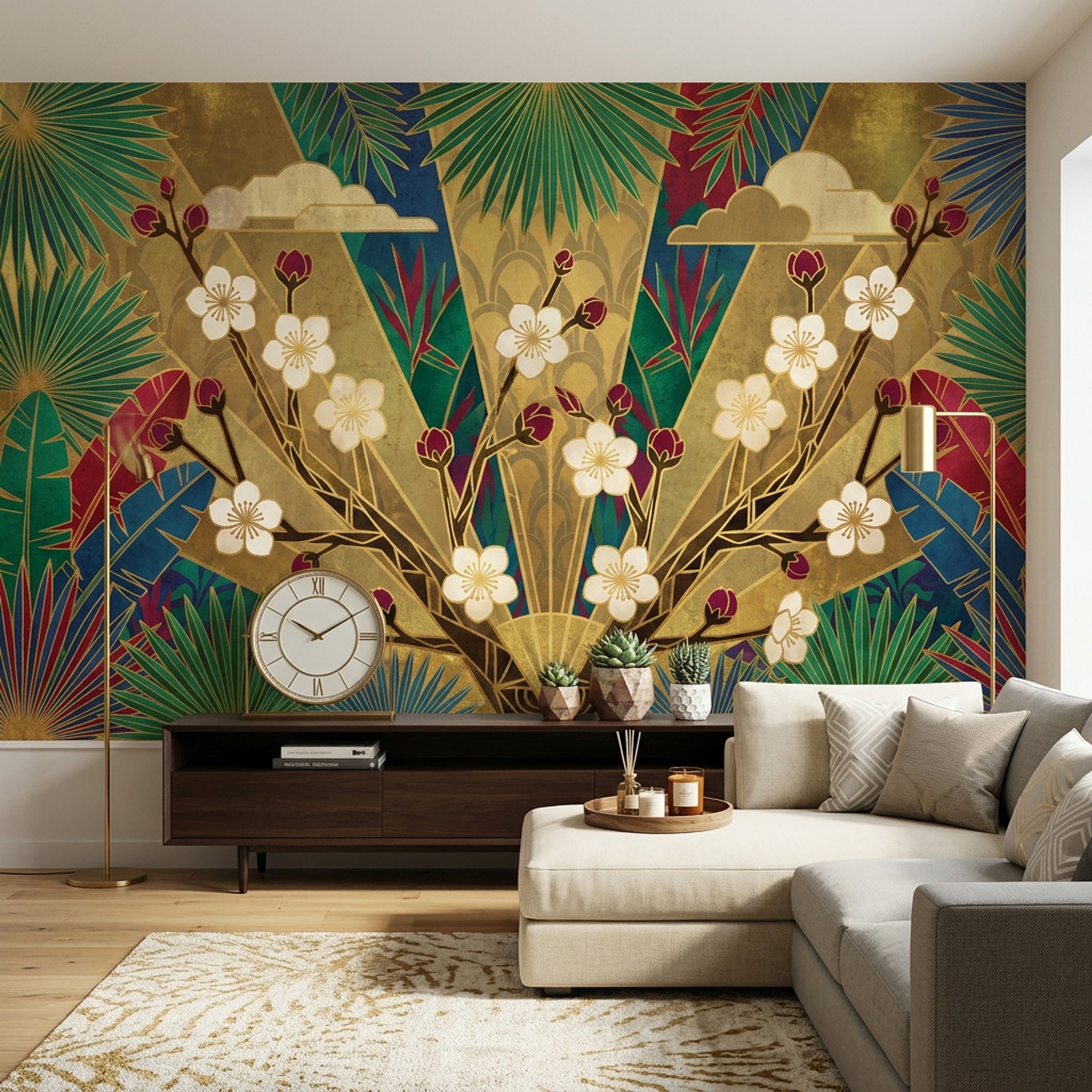 Art Deco Çiçekli Poster Duvar Kağıdı Yeşil Altın Salon