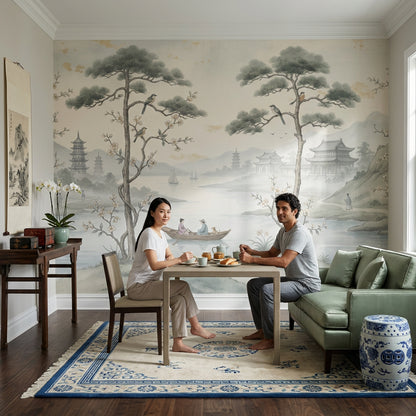 Uzak Doğu Manzaralı Poster Duvar Kağıdı Gri Yeşil Salon