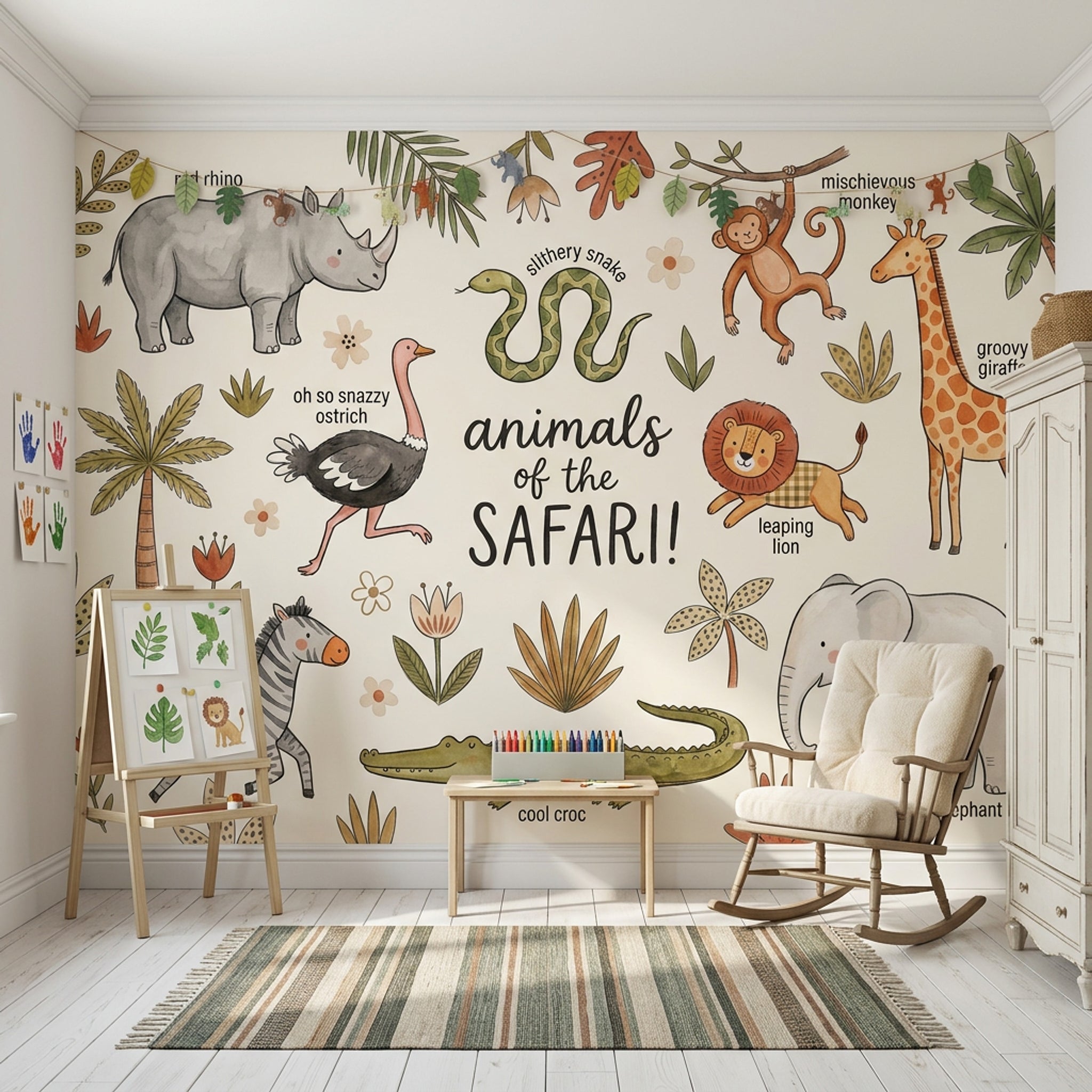 Safari Hayvanlı Poster Duvar Kağıdı Bej Çocuk Odası Deseni