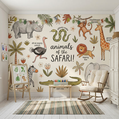 Safari Hayvanlı Poster Duvar Kağıdı Bej Çocuk Odası Deseni