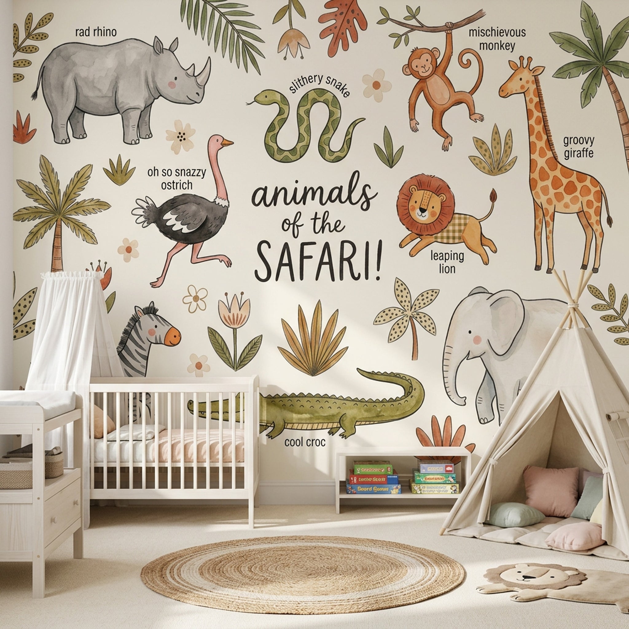 Safari Hayvanlı Poster Duvar Kağıdı Bej Çocuk Odası Deseni