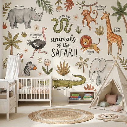 Safari Hayvanlı Poster Duvar Kağıdı Bej Çocuk Odası Deseni