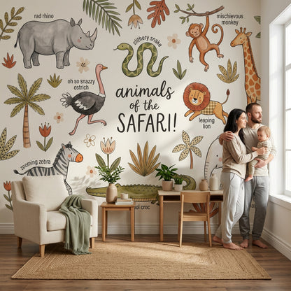 Safari Hayvanlı Poster Duvar Kağıdı Bej Çocuk Odası Deseni