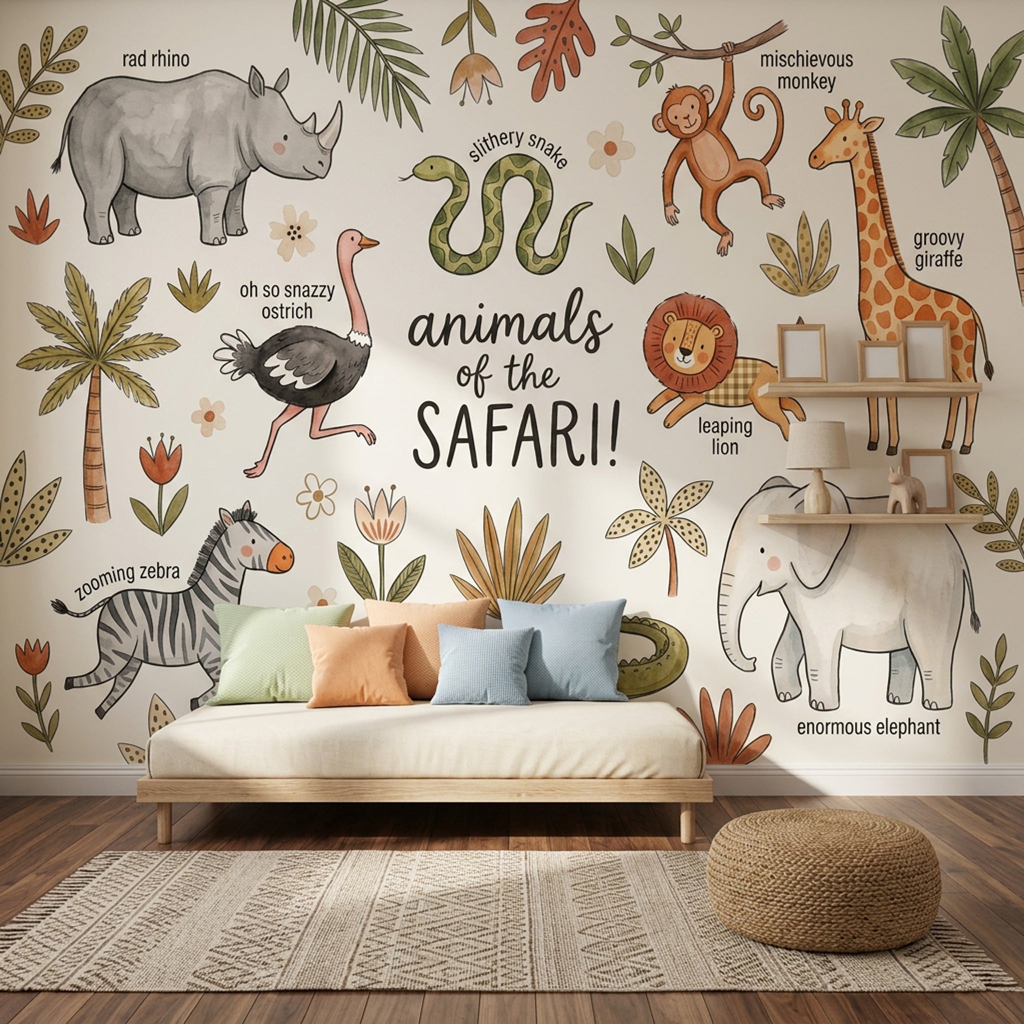 Safari Hayvanlı Poster Duvar Kağıdı Bej Çocuk Odası Deseni