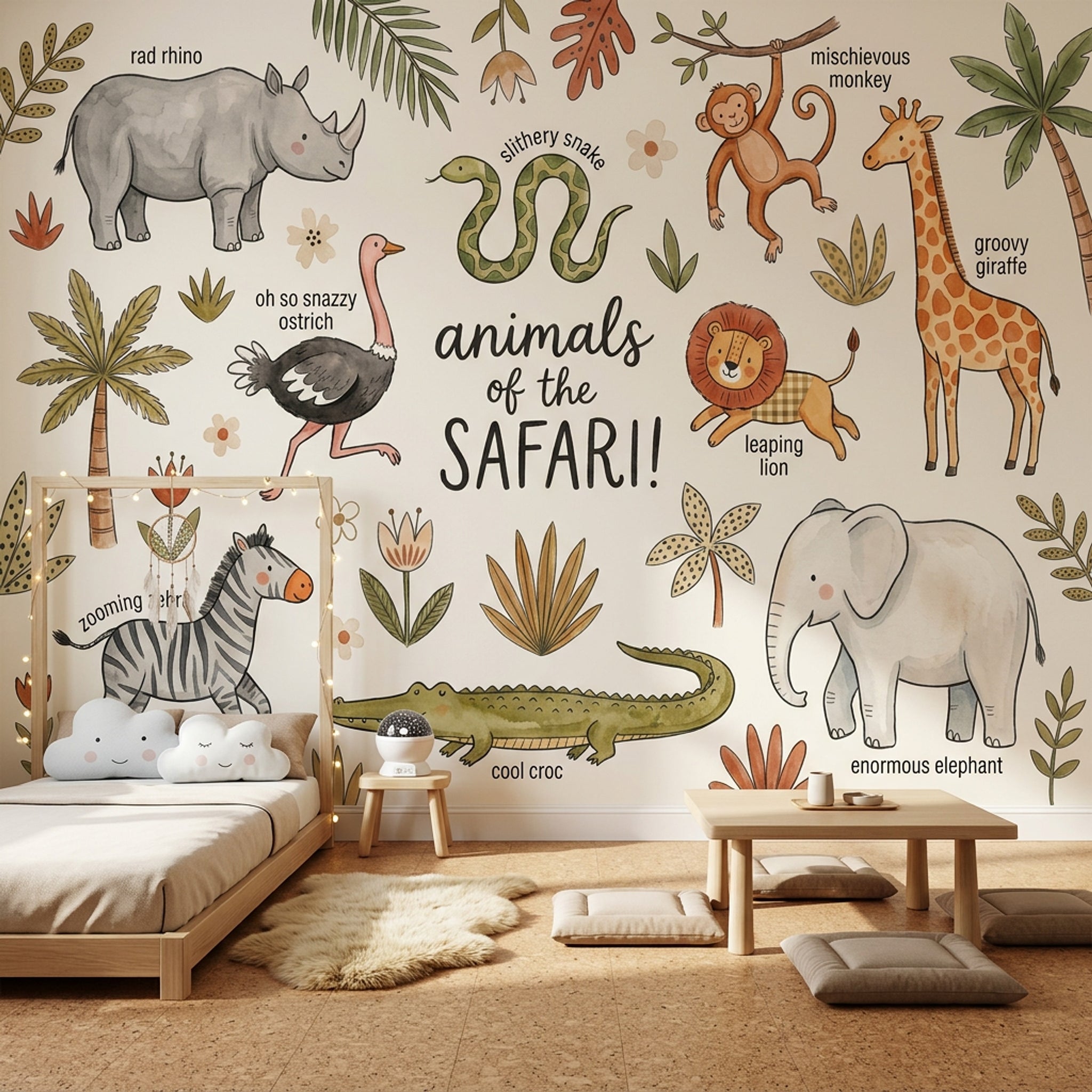 Safari Hayvanlı Poster Duvar Kağıdı Bej Çocuk Odası Deseni