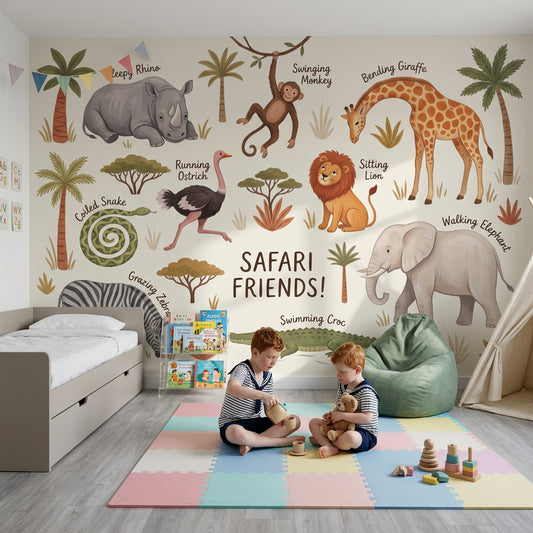 Safari Hayvanları Poster Duvar Kağıdı Çocuk Odası Bej Desenli