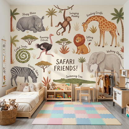 Safari Hayvanları Poster Duvar Kağıdı Çocuk Odası Bej Desenli