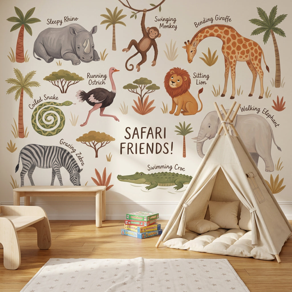 Safari Hayvanları Poster Duvar Kağıdı Çocuk Odası Bej Desenli