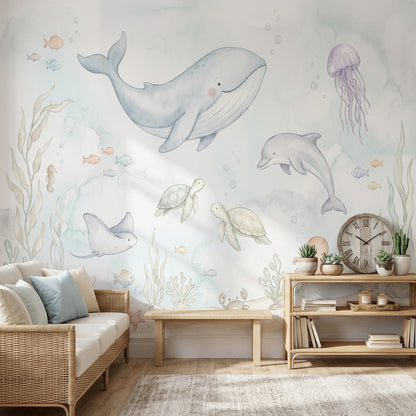 Deniz Canlıları Poster Duvar Kağıdı Pastel Mavi Çocuk Odası