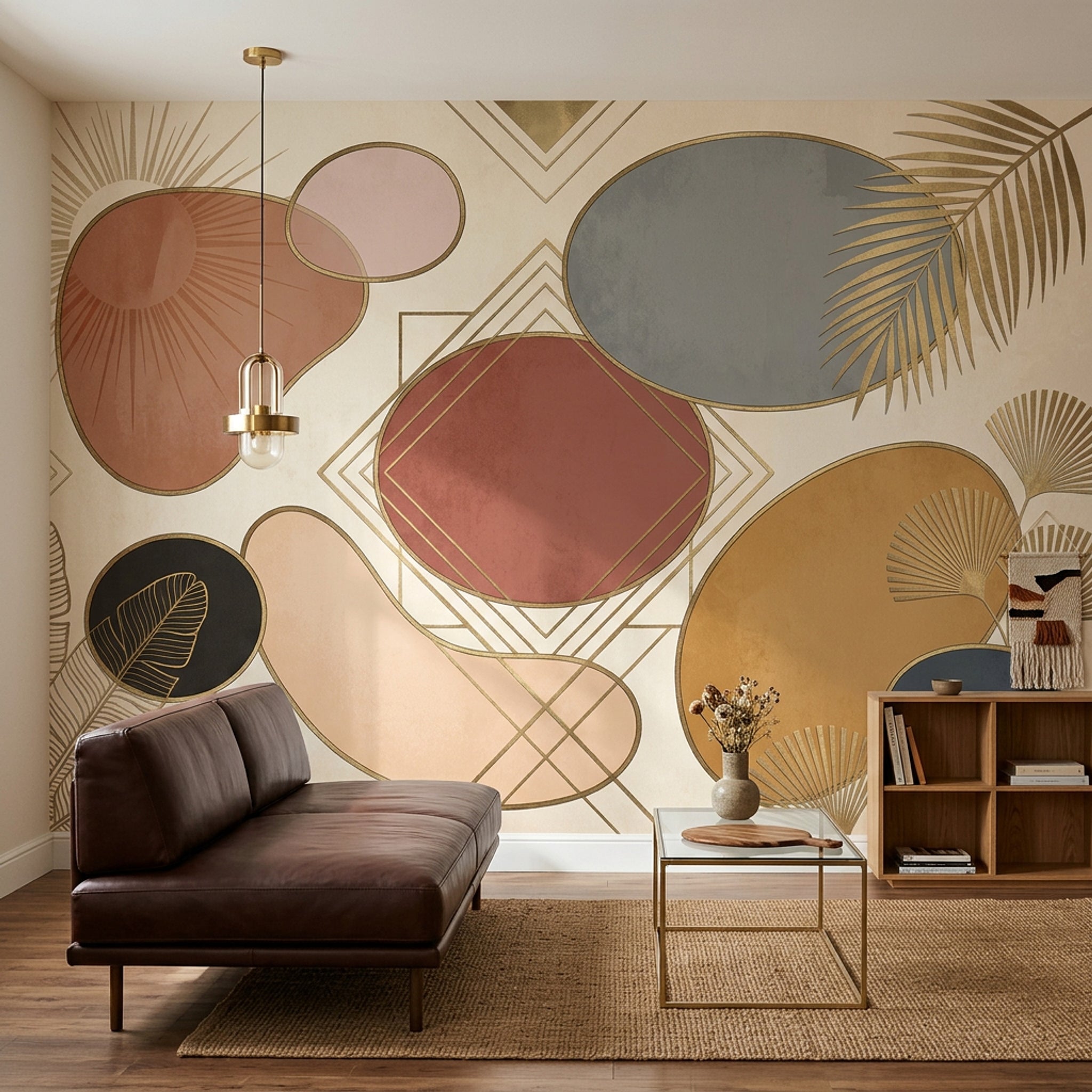 Geometrik Soyut Poster Duvar Kağıdı Bej Salon Duvar Dekoru