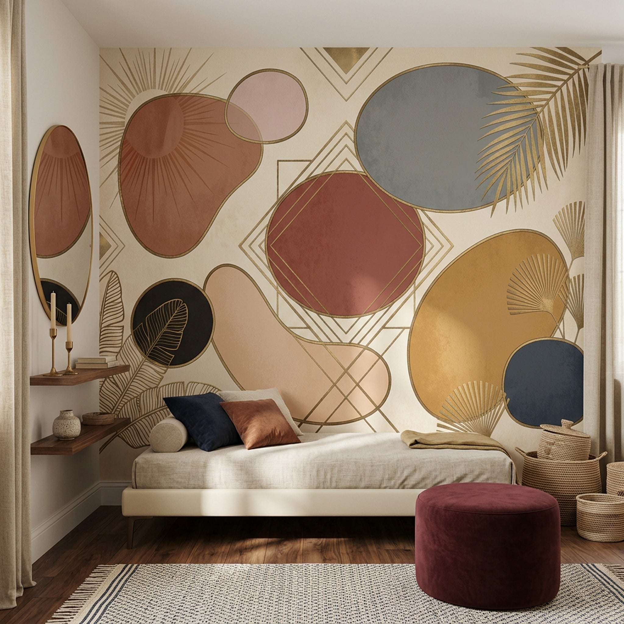 Geometrik Soyut Poster Duvar Kağıdı Bej Salon Duvar Dekoru