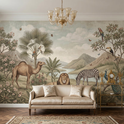 Safari Hayvanlı Poster Duvar Kağıdı Bej Yeşil Salon