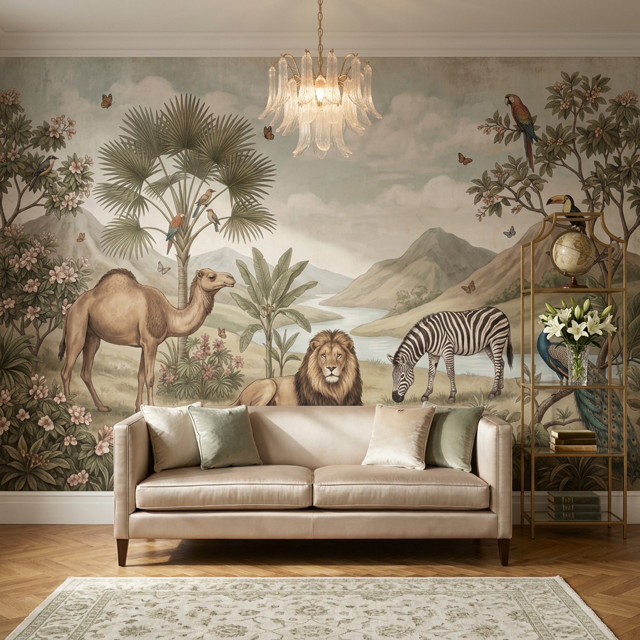 Safari Hayvanlı Poster Duvar Kağıdı Bej Yeşil Salon