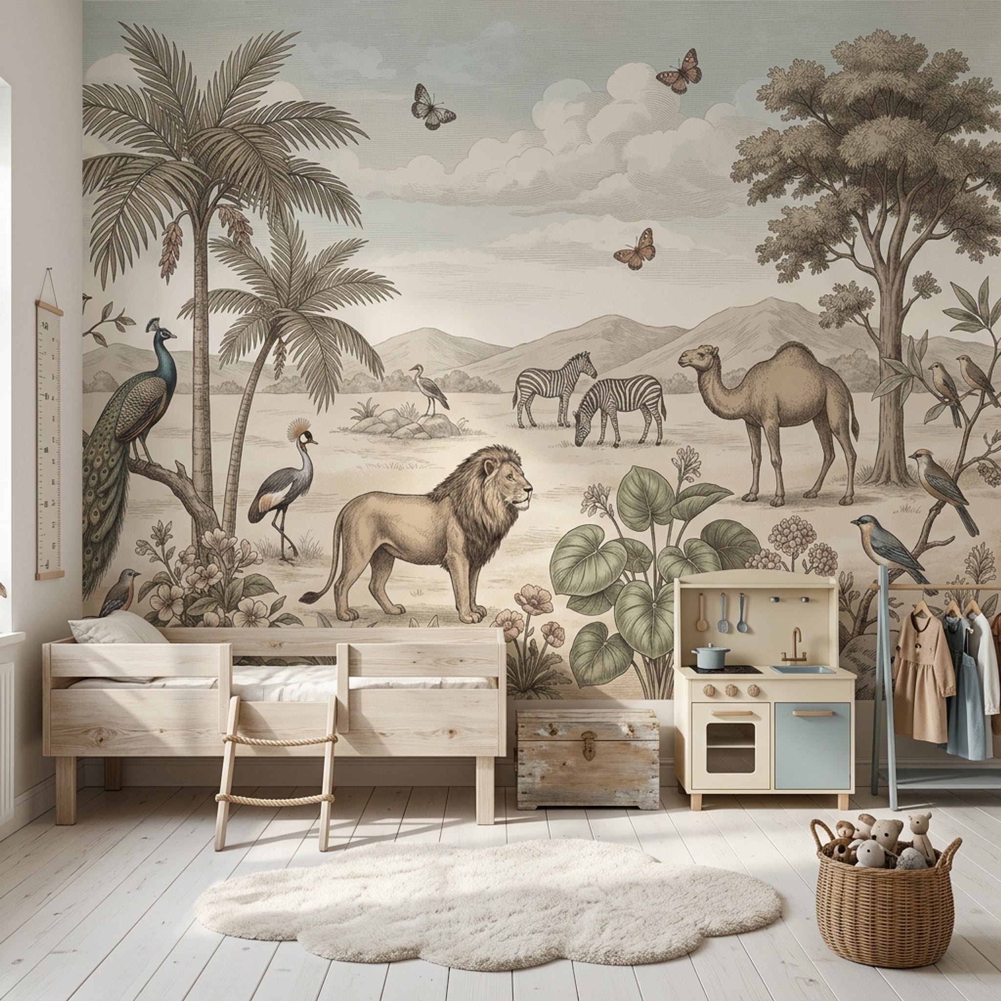 Safari Hayvanlı Poster Duvar Kağıdı Bej Yeşil Klasik Salon