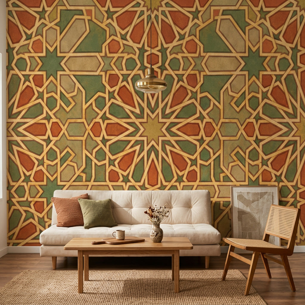 Geometrik Selçuklu Desenli Poster Duvar Kağıdı Yeşil Kiremit