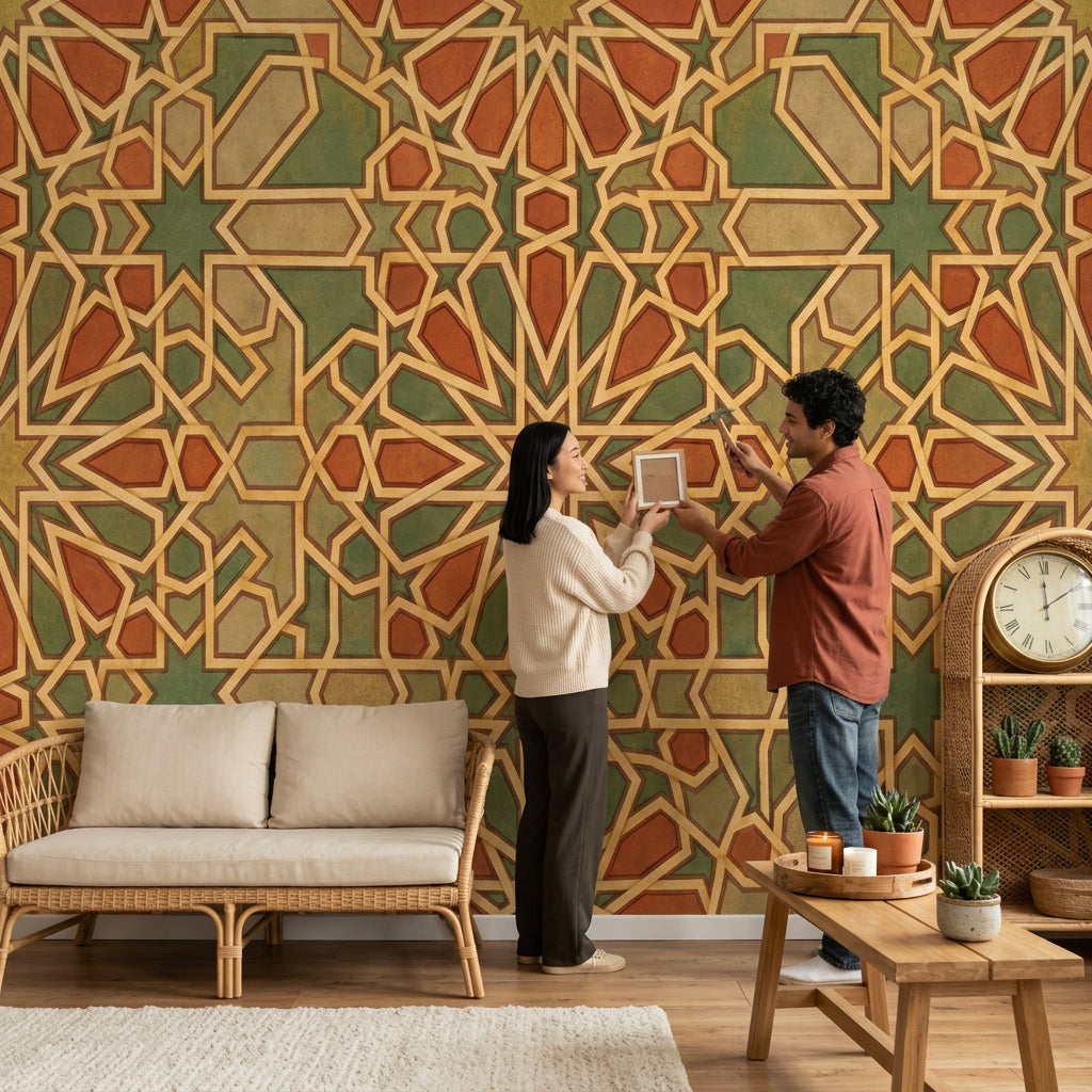 Geometrik Selçuklu Desenli Poster Duvar Kağıdı Yeşil Kiremit