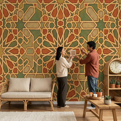 Geometrik Selçuklu Desenli Poster Duvar Kağıdı Yeşil Kiremit