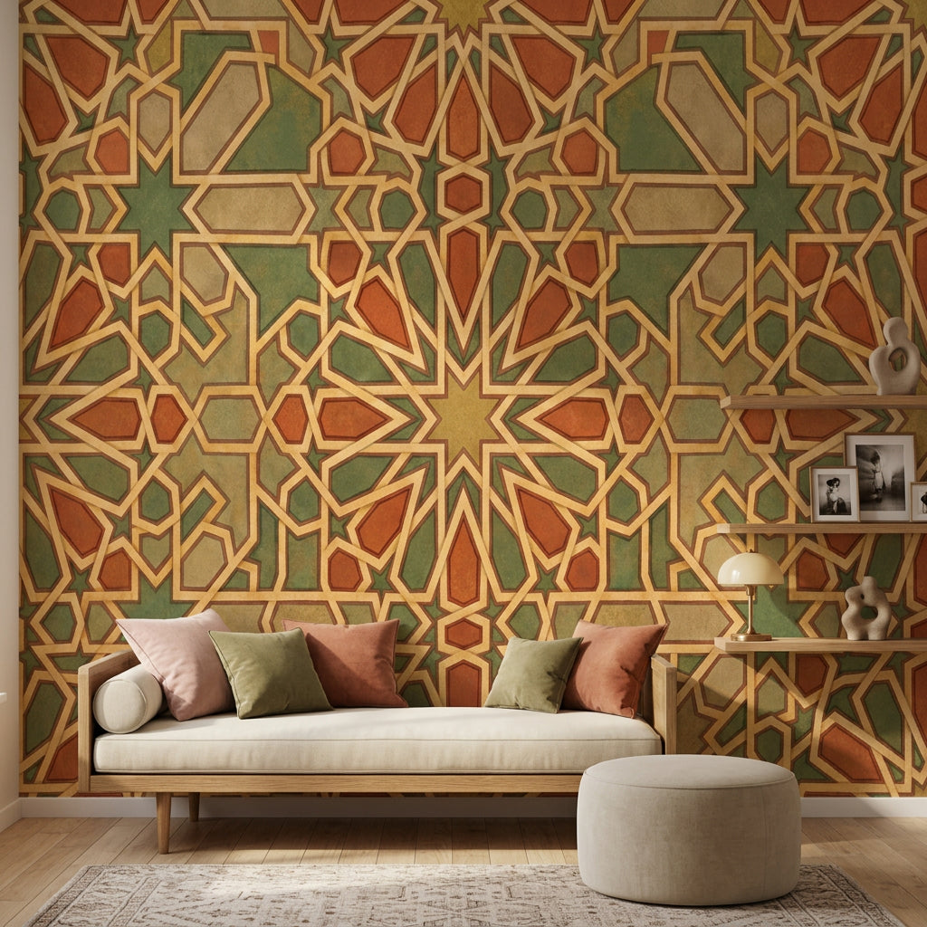 Geometrik Selçuklu Desenli Poster Duvar Kağıdı Yeşil Kiremit