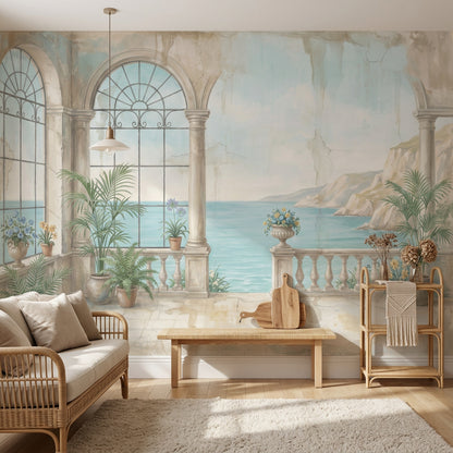 Akdeniz Manzaralı Poster Duvar Kağıdı Kemerli Balkon Deniz Görünümlü