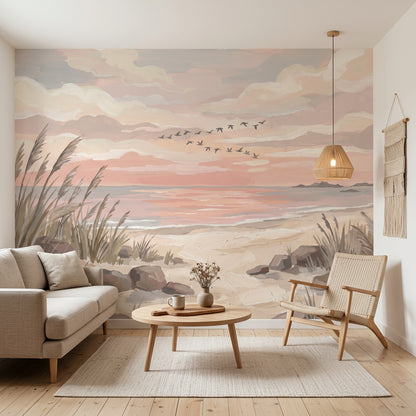 Gün Batımı Sahil Manzaralı Poster Duvar Kağıdı Pastel Salon