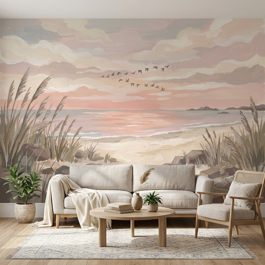 Gün Batımı Sahil Manzaralı Poster Duvar Kağıdı Pastel Salon