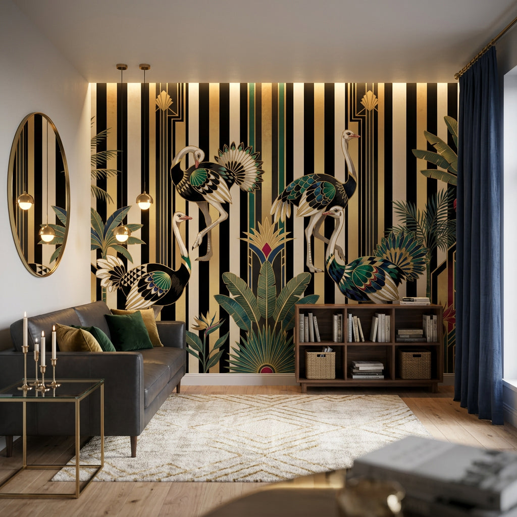 Art Deco Devekuşlu Poster Duvar Kağıdı Siyah Altın Salon