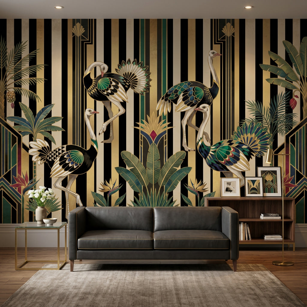 Art Deco Devekuşlu Poster Duvar Kağıdı Siyah Altın Salon