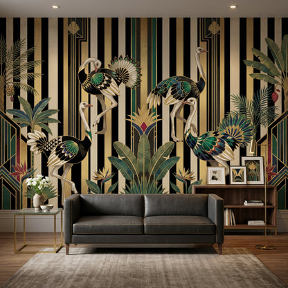 Art Deco Devekuşlu Poster Duvar Kağıdı Siyah Altın Salon