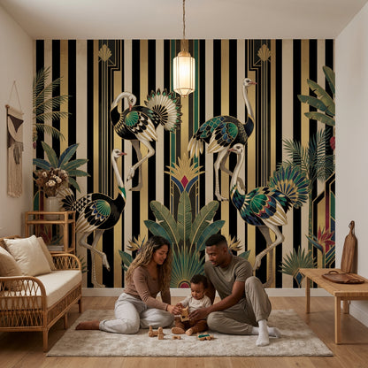 Art Deco Devekuşlu Poster Duvar Kağıdı Siyah Altın Salon
