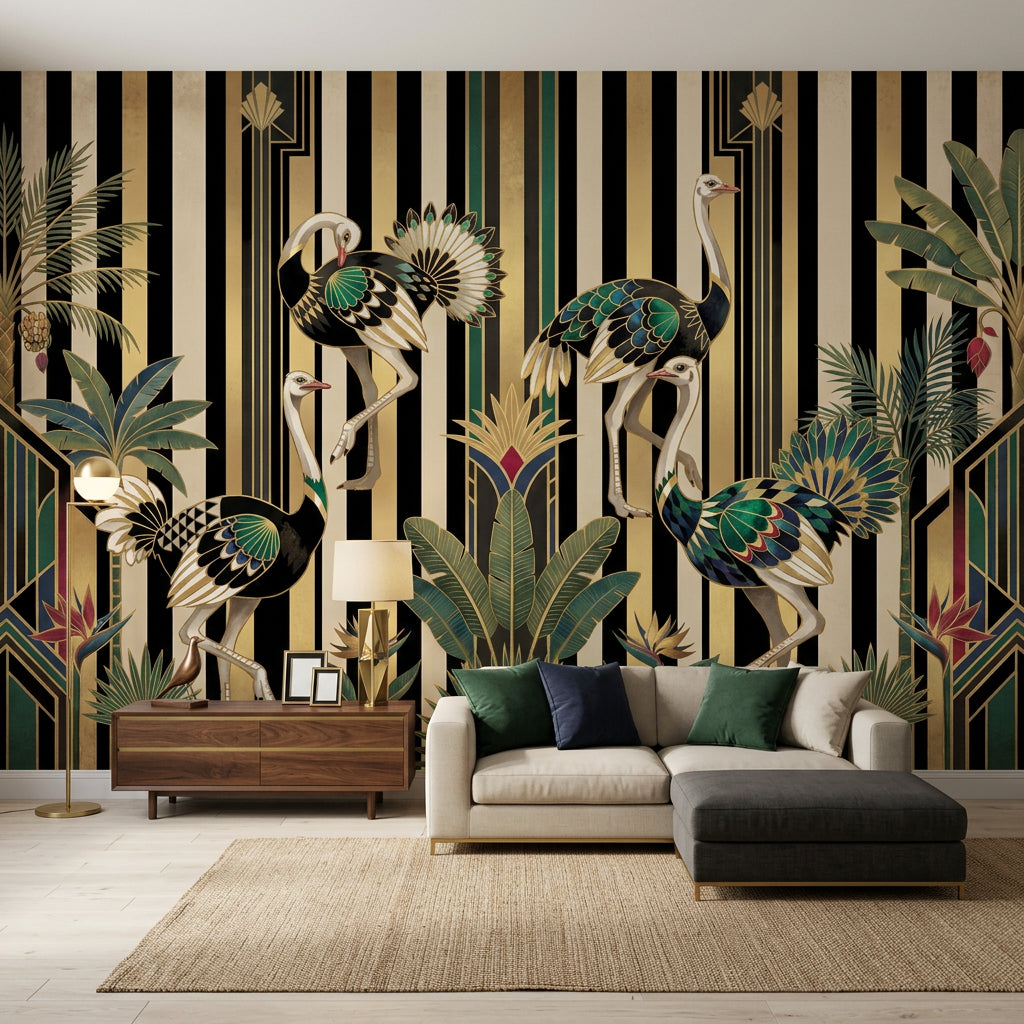 Art Deco Devekuşlu Poster Duvar Kağıdı Siyah Altın Salon