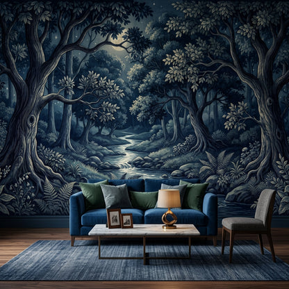 Ay Işıklı Orman Manzarası Poster Duvar Kağıdı Lacivert Salon