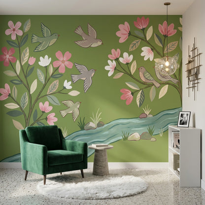 Kuş ve Çiçek Desenli Poster Duvar Kağıdı Yeşil Salon